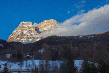 Gün batımında Pelmo Dağı 'nın yağlı boya tekniğiyle illüstrasyon
