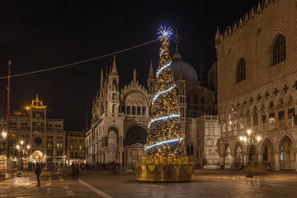 San Marco Meydanı, Venedik 'teki Noel ağacının gece manzarası
