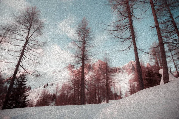 Dolomite tepelerinin yağlı boya tekniğiyle fantezi pembe çizim — Stok fotoğraf