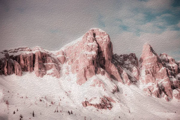 Fantasy pink color illustration with oil painting technique of dolomite peaks — Stock Photo, Image