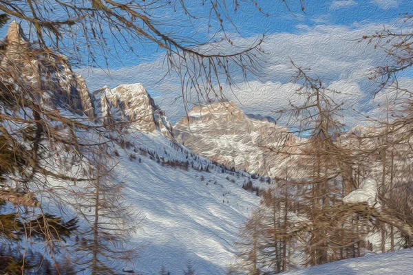 Rocchette Tepesi ve Sorapiss Dağı 'nın yağlı boya tekniğiyle illüstrasyon. — Stok fotoğraf