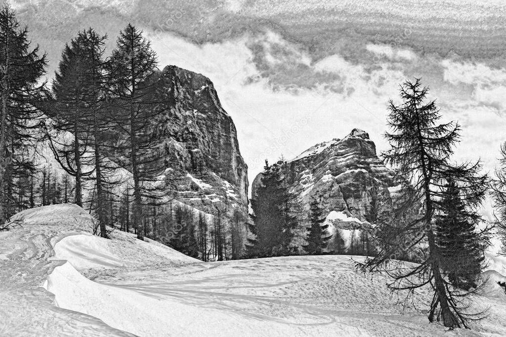 Illustration with charcoal technique of Mount Pelmo in winter conditions