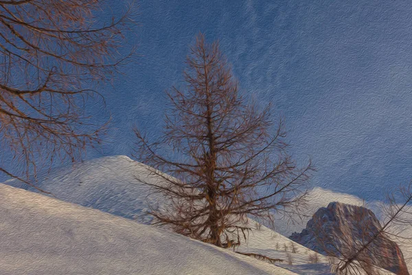 Иллюстрация с техникой масляной живописи лиственницы на снежном фоне пика — стоковое фото