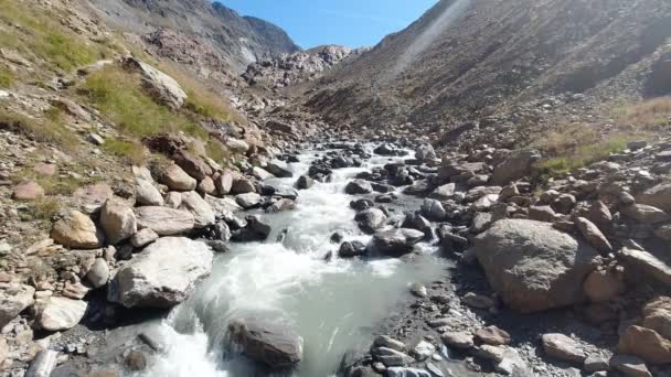 Horský potok ledovcového původu protékající kamennými balvany — Stock video