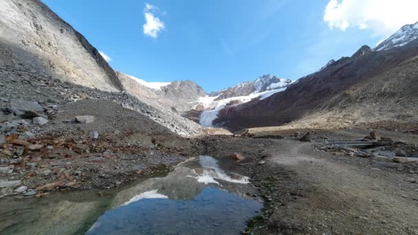Petit lac aux reflets montagneux au pied du glacier Palla Bianca — Video