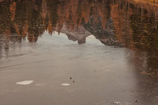 Відбиття доломітового піку та осінніх кольорових модринок на замерзлому озері — стокове фото