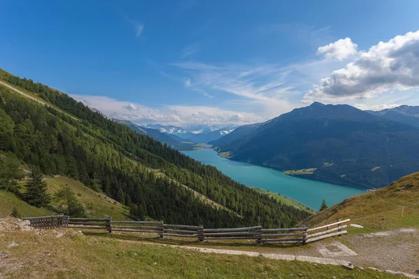 Awesome Summer Aerial Panorama Resia Lake Ortles Massif Background Resia — Foto de Stock