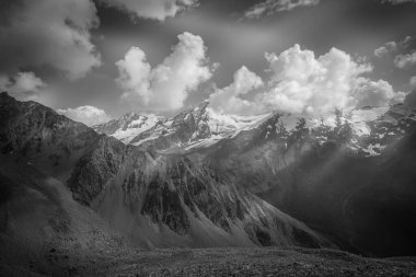 Black and white aerial view of Palla Bianca and Croda Vernaga summits its surrounding glaciers. Vallelunga, Alto Adige Sudtirol, Italy