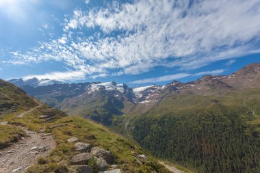 Palla Bianca 'nın buzullarındaki panorama panoramik bir bankın olduğu bir yoldan görüldü, Alto Adige - Sudtirol, İtalya. Dağcılar ve seyahat yerleri için popüler bir dağdır.