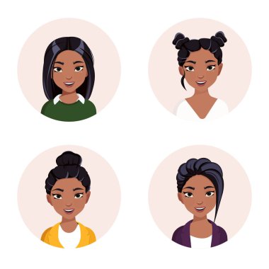 Gülen Asyalı kadın avatar seti. Farklı kadın karakter koleksiyonu. Yuvarlak izole vektör illüstrasyonu.