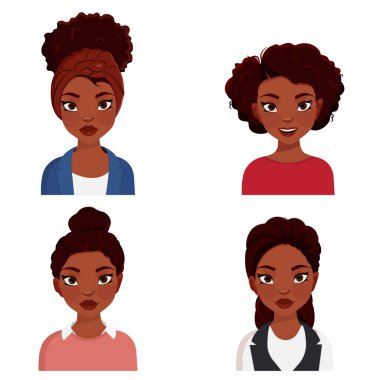Mutlu Afrikalı kadın avatar seti. Farklı kadın karakter koleksiyonu. İzole vektör illüstrasyonu.