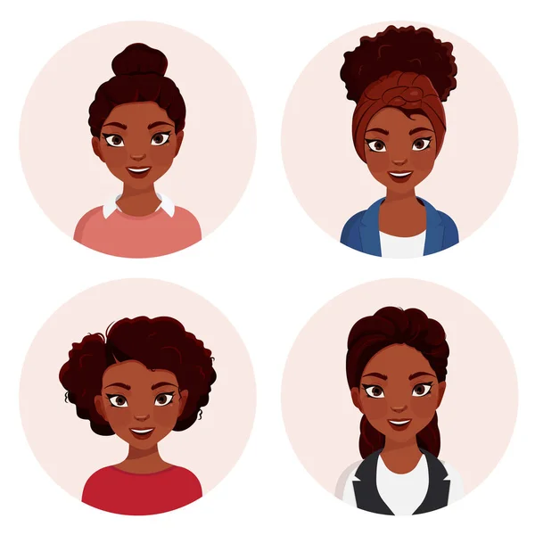 Conjunto Avatar Mujer Africana Sonriente Colección Personajes Diferentes Mujeres Ilustración — Vector de stock
