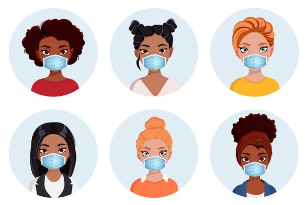 Nsanlar Tıbbi Maskeli Avatarlar Doktor Kadın Ikon Koleksiyonu Ayarladı Farklı — Stok Vektör