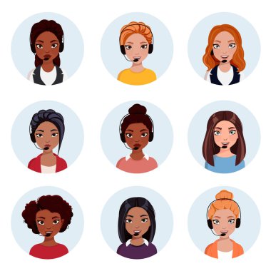 Hotline Call center women support. Office workers in headphones with microphone. Operator online help, advises, feedback.