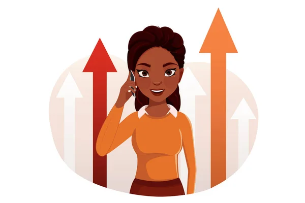 Successful Business Woman Talking Smartphone Leader Arrow Success Career Vector —  Vetores de Stock