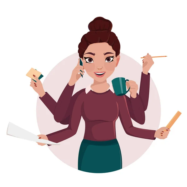 Busy Businesswoman Vector Illustration Cartoon Business Woman Office Worker Phone — Stock Vector