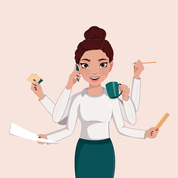 Business Woman Multitasking Illustration Busy Shiva Office Manager Many Hands — стоковый вектор