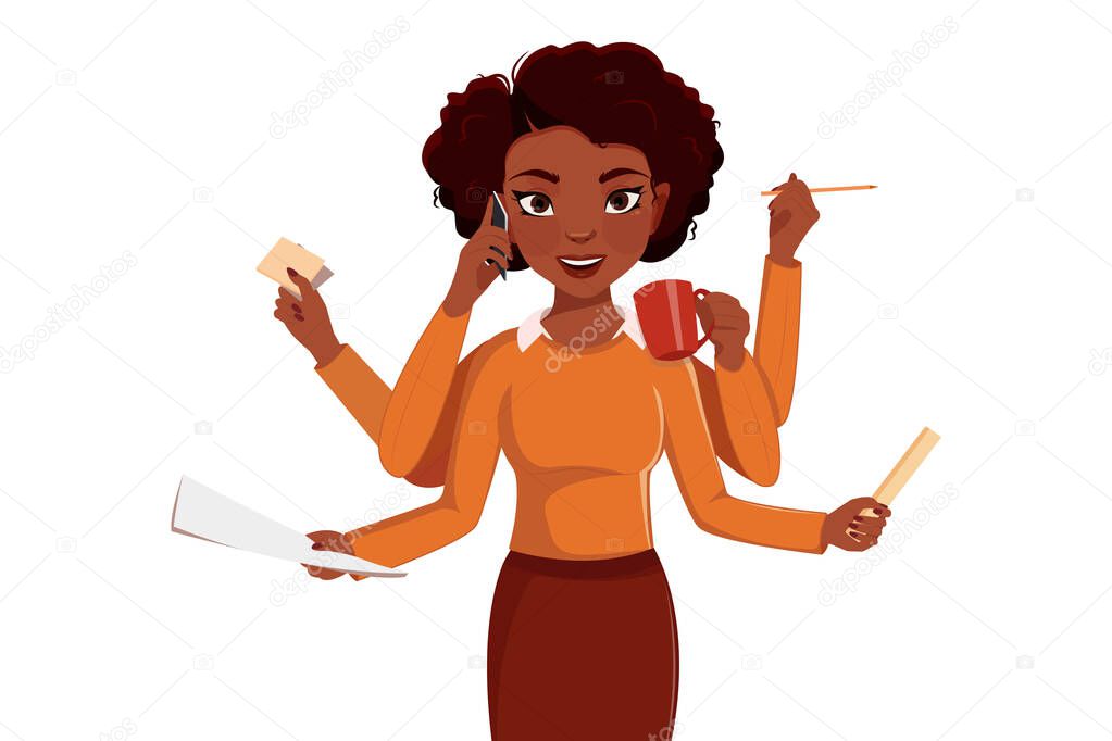Busy businesswoman vector illustration. Cartoon business woman office worker talks phone effective multitasking employee.