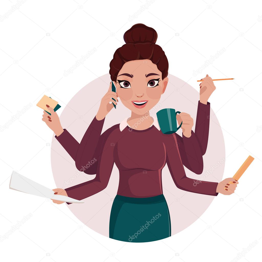 Busy businesswoman vector illustration. Cartoon business woman office worker with phone effective multitasking employee.