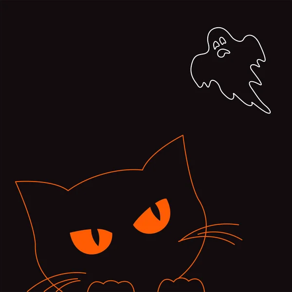 Neón naranja gato mira el fantasma en negro fondo. — Vector de stock