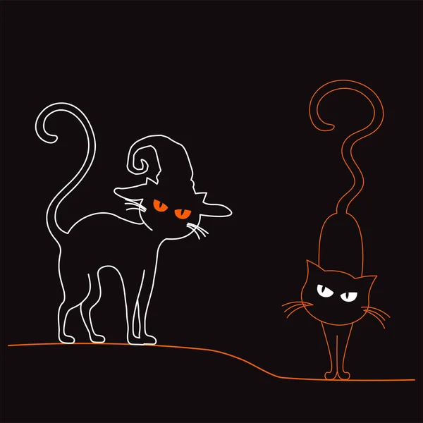 Zwei einfache Katzen mit Halloween-Hut Silhouetten auf schwarz. Katzenzeichnung per Neon-Linie. — Stockvektor