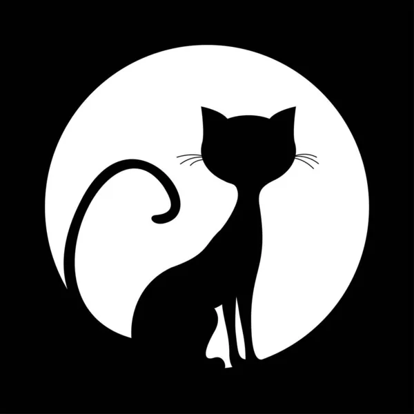 Silhouette semplice di gatto nero sotto luna piena. Illustrazione Halloween. — Vettoriale Stock