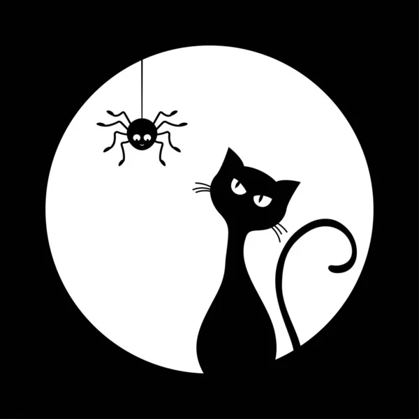 Il gatto guarda il ragno appeso. Adesivo semplice Halloween. — Vettoriale Stock