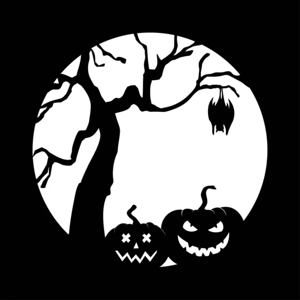 Két töklámpás egy ijesztő fa mellett egy akasztófával. Halloween matrica. — Stock Vector