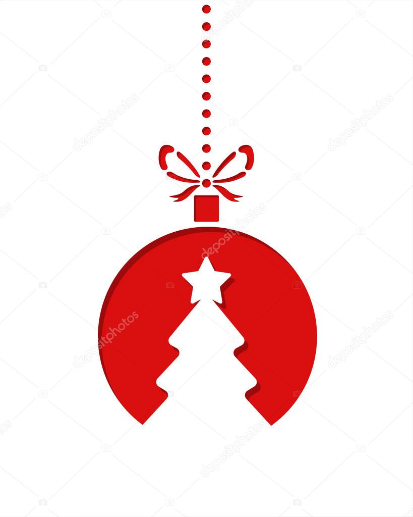 Red simple Christmas ornament. Christmas tree silhouette made of paper inside ball. New Year  and Christmas greeting card design.