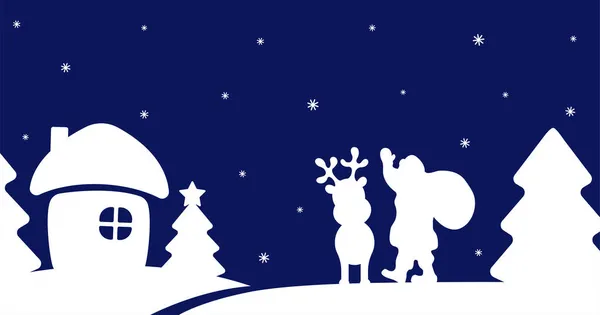ベクトルシルエット暗い背景にサンタクロースとトナカイルドルフ。冬の村のクリスマスの背景. — ストックベクタ