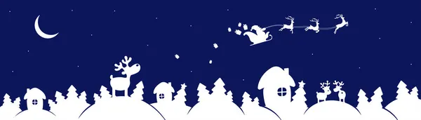 Χριστουγεννιάτικο σχέδιο με τάρανδο Ρούντολφ και Άγιο Βασίλη. Χειροποίητο Χριστούγεννα οριζόντια φόντο με τάρανδο, σπίτι, χριστουγεννιάτικο δέντρο. — Διανυσματικό Αρχείο