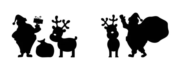 Reno de Navidad y siluetas de Santa, juguetes navideños, renos de Santa Claus y Rudolph aislados sobre fondo blanco. — Vector de stock