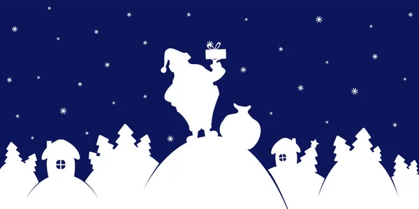 Silueta vectorial de Santa Claus con regalo sobre fondo azul. plantilla de fondo de Navidad. — Vector de stock
