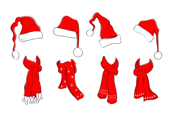 빨간 크리스마스 모자 컬렉션이요. 산타 모자와 스카프로 만든 반사기 세트. — 스톡 벡터