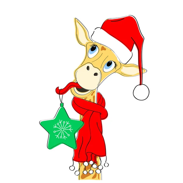 Bláznivá žirafa v santa klobouku a šála s vánoční ozdobou. — Stockový vektor