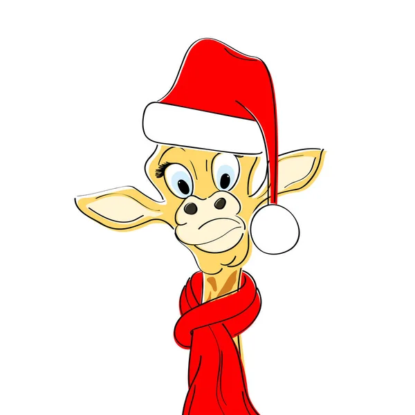 Στοχαστική αστεία καμηλοπάρδαλη με καπέλο και μαντήλι. Χριστουγεννιάτικο ζώο. — Διανυσματικό Αρχείο