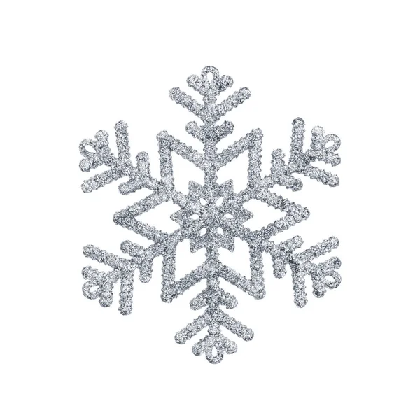 Silberne Spielzeug-Schneeflocke isoliert auf weißem Hintergrund. — Stockfoto