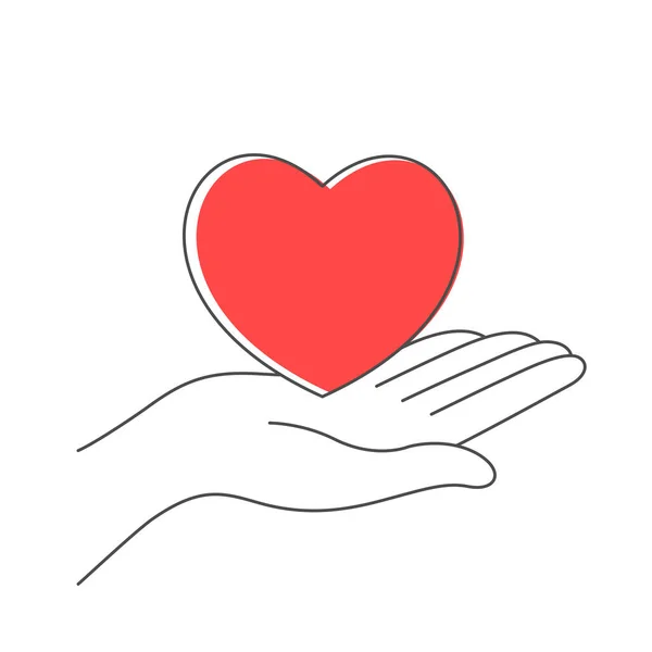 Icono de vector con el corazón en la mano abierta. Mano sosteniendo el corazón aislado sobre fondo blanco. Símbolo de medicina, bondad y caridad, donación. — Archivo Imágenes Vectoriales