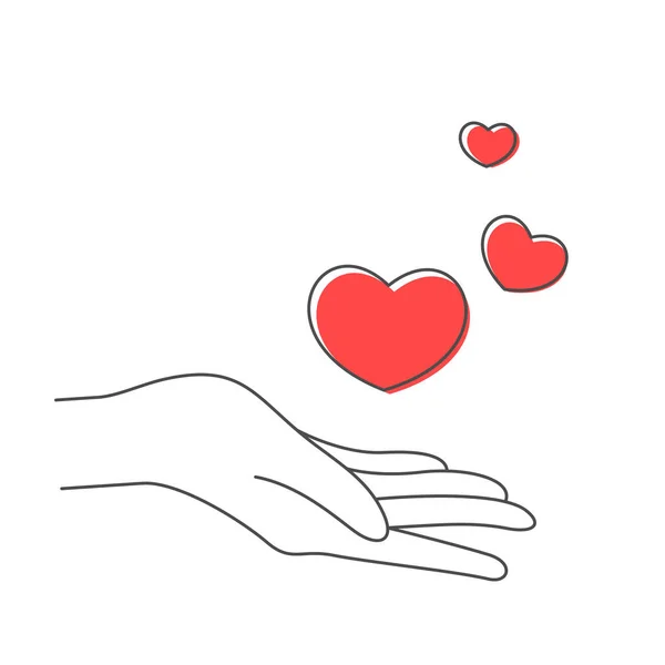 Icono vectorial con corazones volando de la mano abierta. Símbolo de bondad y caridad, donación. — Archivo Imágenes Vectoriales