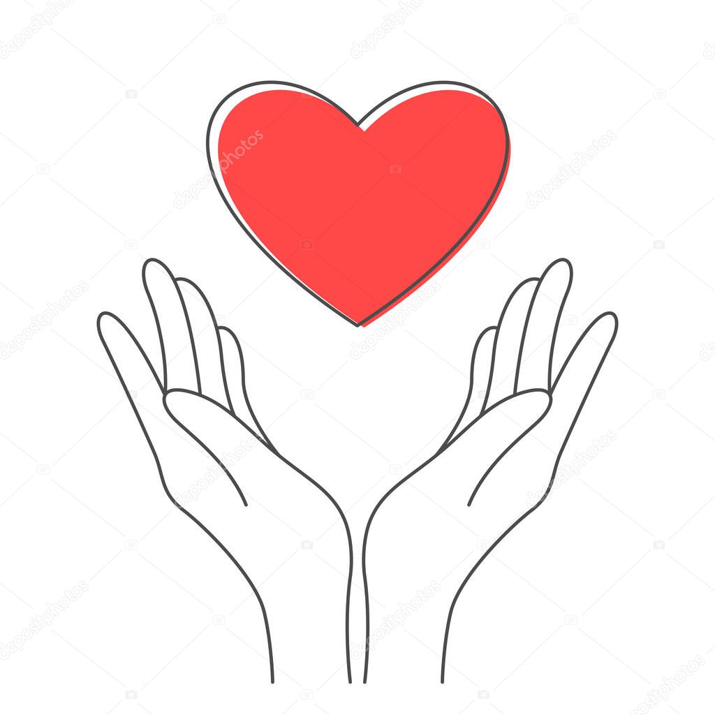 Two hands with heart. Red heart in two hands on white background. Illustration of kindness, love and care.