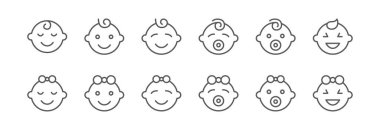Mutlu erkek ve kız emoji setinin yüzleri. Farklı cinsiyetten bebeklerin çizgi simgeleri. Düzenlenebilir vuruş.