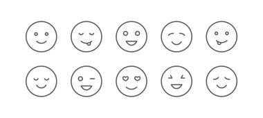 Mutlu yuvarlak yüzün basit simgelerini oluşturun. Duygu simgeleri gülen yüzler. Emoji sembolleri. Düzenlenebilir vuruş.