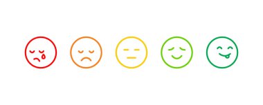 Duygu geri besleme simgeleri. Duygusal ikon seti, farklı ruh hali yüzleri olan gülümseme, üzgün, kızgın, iyi, kötü, nötr.