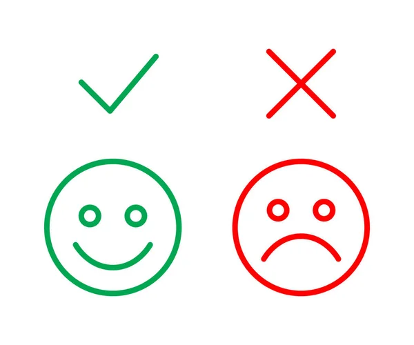 Icone Emoji e scelta del segno di spunta per la checklist. Semplice icona emoticon e pulsante di controllo segno di approvazione. — Vettoriale Stock