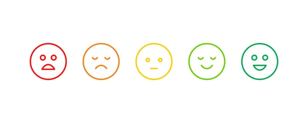 Рейтинг задоволення у вигляді п'яти кольорових емоцій. Зворотній зв'язок хороший нормальний і поганий . — стоковий вектор