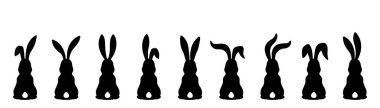 Nine different silhouettes of Easter bunnies isolated on a white background.