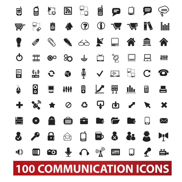 100 communicatie en verbinding pictogrammen instellen, vector — Stockvector