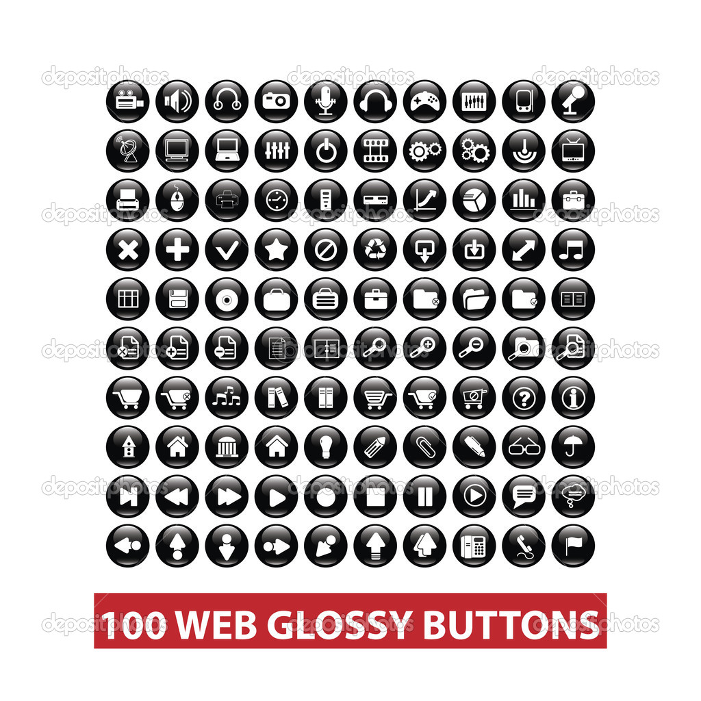 100 web black glossy buttons set, vector
