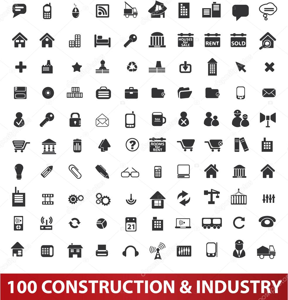 100 architecture, construction & industry icons set, vector