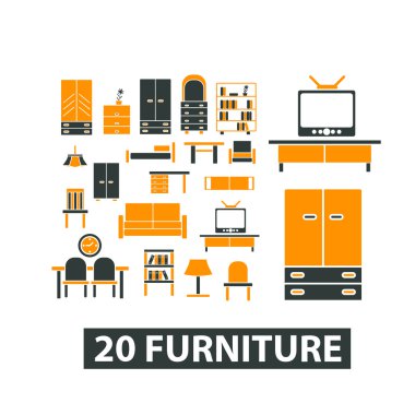 20 mobilya simgeler, işaretler seti, vektör
